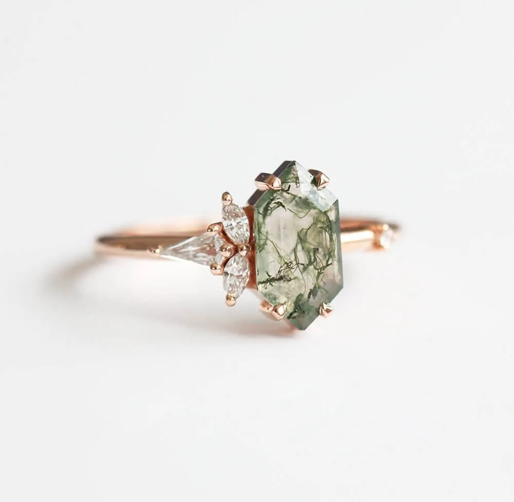 Trendolla 14K Gold Moss Agate And Crown CZ Diamond Ring Set