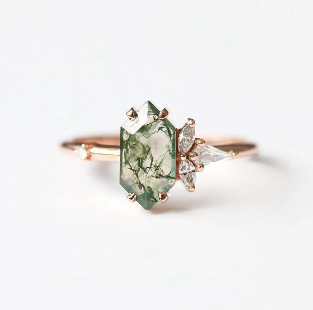 Trendolla 14K Gold Moss Agate And Crown CZ Diamond Ring Set