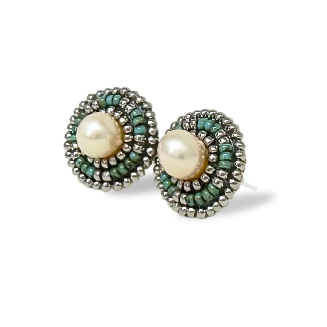 Turquoise Blue Classic Freshwater Pearl Stud Earrings - Palladium