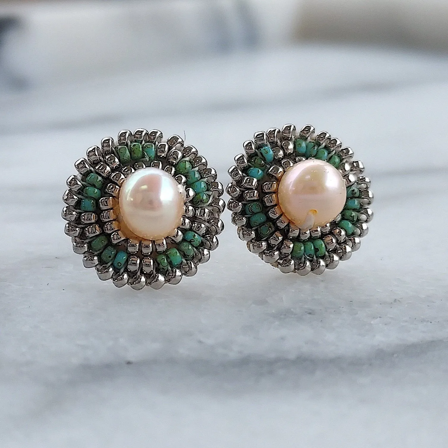 Turquoise Blue Classic Freshwater Pearl Stud Earrings - Palladium
