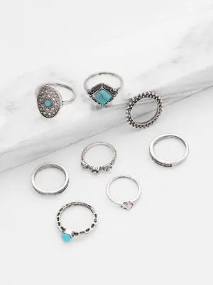 Turquoise Detail Multi Shaped Ring Set 8pcs