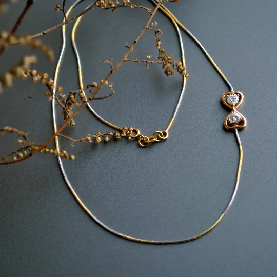 Twin Heart Infinity Necklace in 18K Gold, Unique Off Center Minimal Diamond Necklace