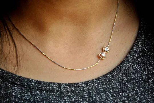 Twin Heart Infinity Necklace in 18K Gold, Unique Off Center Minimal Diamond Necklace