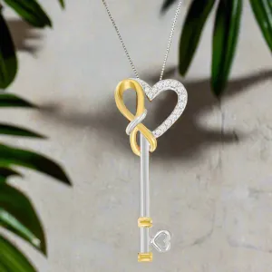 Two-Tone Sterling Silver Diamond Heart Key Pendant Necklace with Yellow-Plated Accent