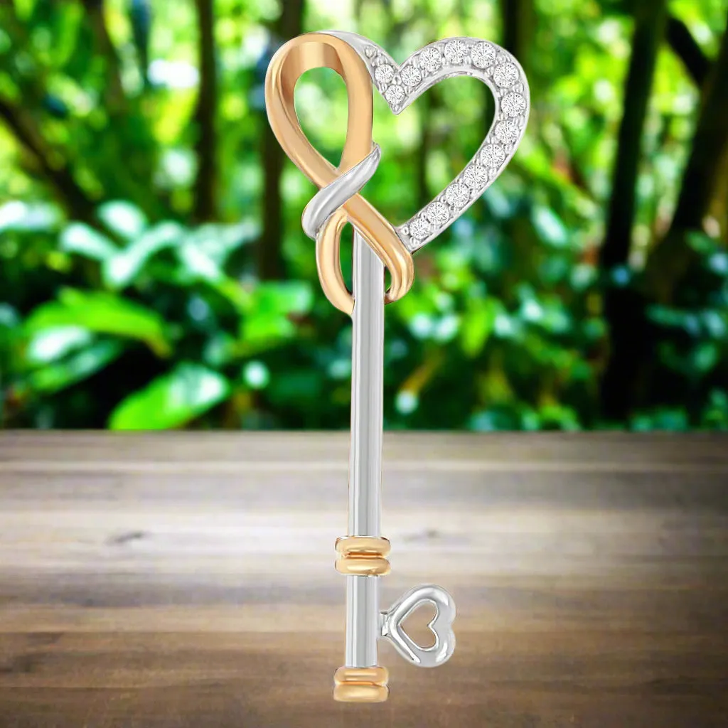 Two-Tone Sterling Silver Diamond Heart Key Pendant Necklace with Yellow-Plated Accent