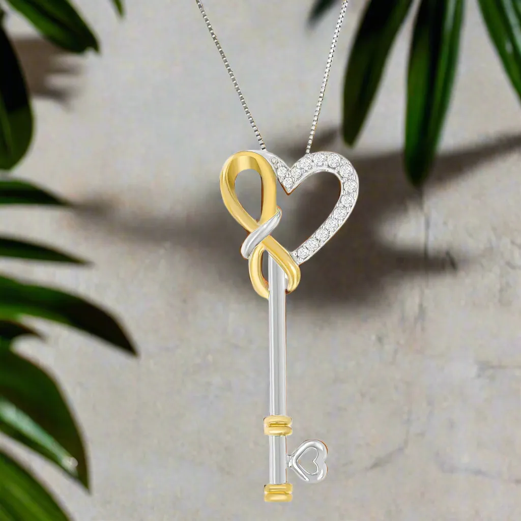 Two-Tone Sterling Silver Diamond Heart Key Pendant Necklace with Yellow-Plated Accent