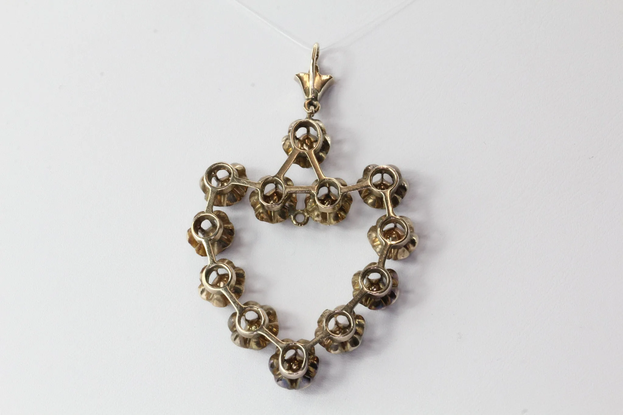 Victorian 10K Gold Rose Cut Foil Backed Diamond Large Heart Pendant Circa 1880's