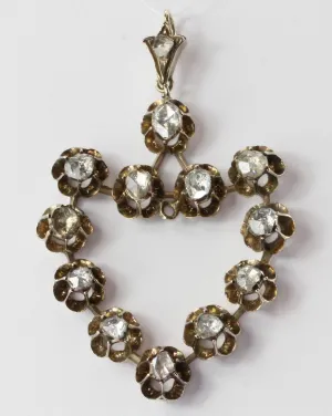 Victorian 10K Gold Rose Cut Foil Backed Diamond Large Heart Pendant Circa 1880's