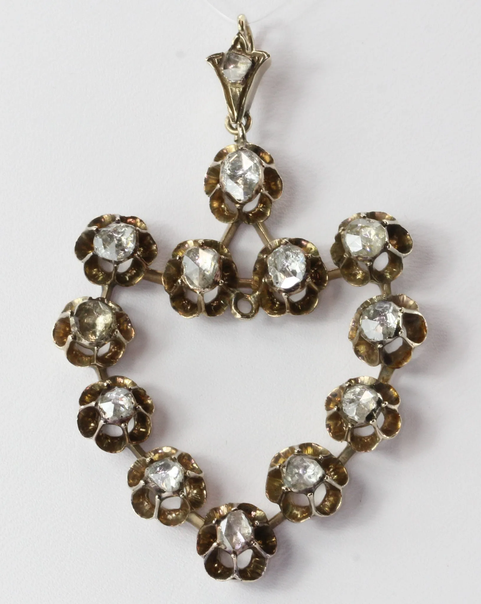 Victorian 10K Gold Rose Cut Foil Backed Diamond Large Heart Pendant Circa 1880's