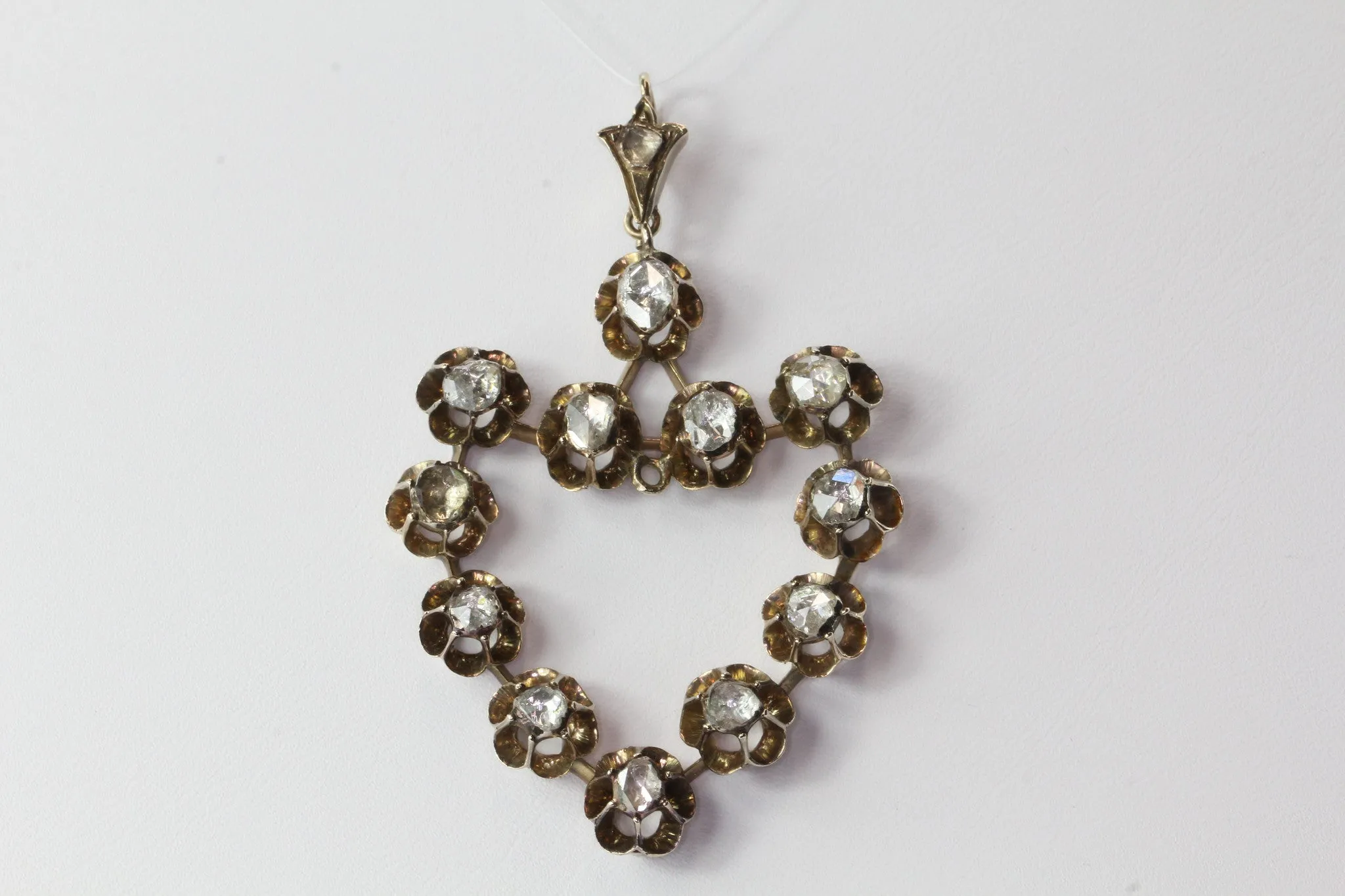 Victorian 10K Gold Rose Cut Foil Backed Diamond Large Heart Pendant Circa 1880's