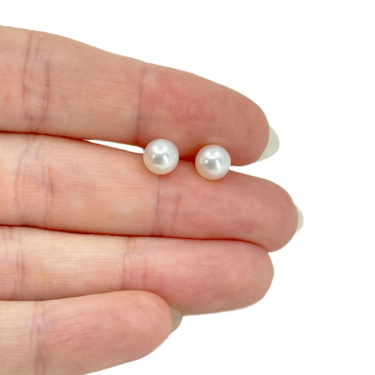 Vintage Akoya Saltwater Cultured Pearl Pierced Stud Earrings 6.50mm- Sterling Silver