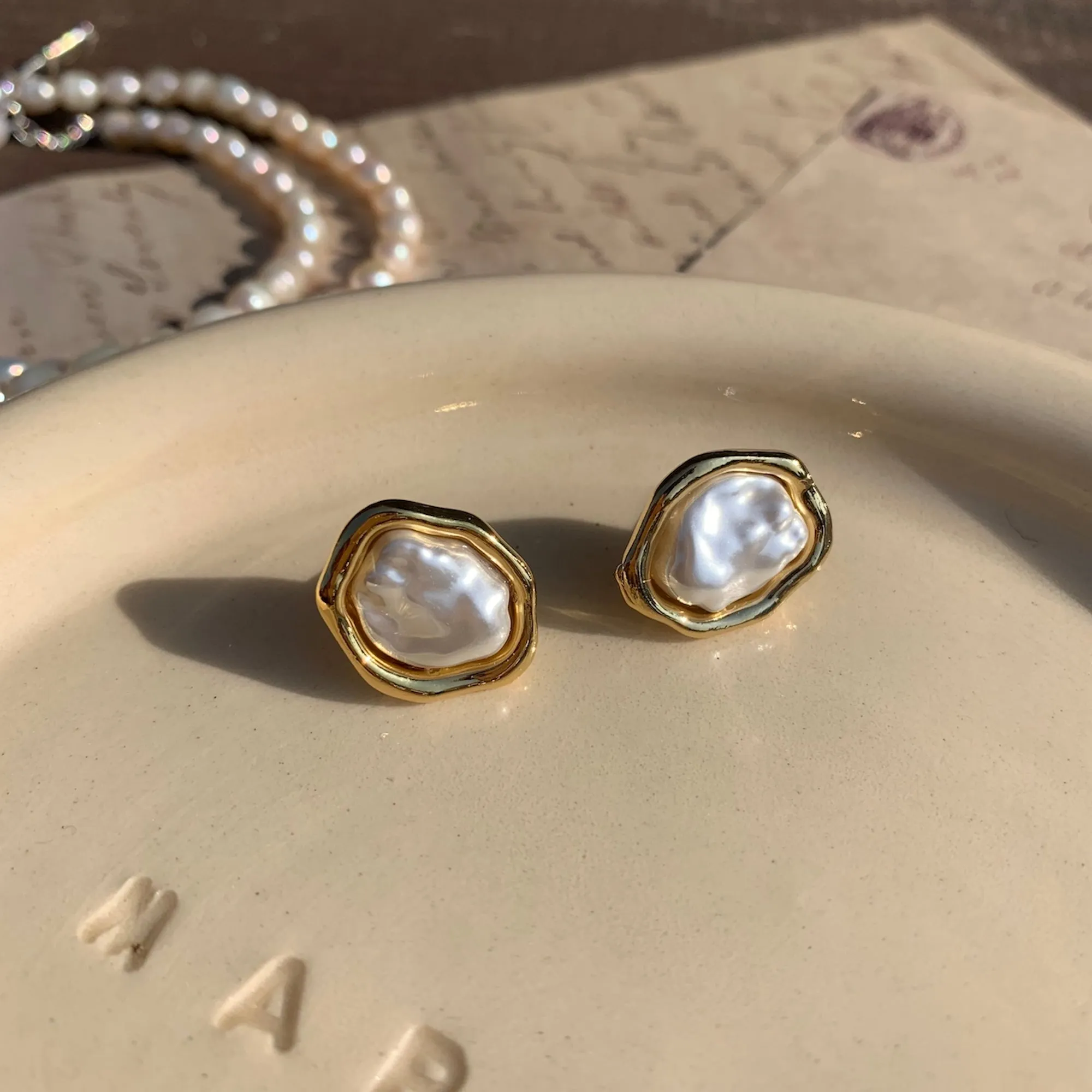 Vintage Baroque Shaped Pearl Stud earrings with Gold, Silver Accents