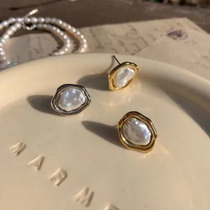 Vintage Baroque Shaped Pearl Stud earrings with Gold, Silver Accents