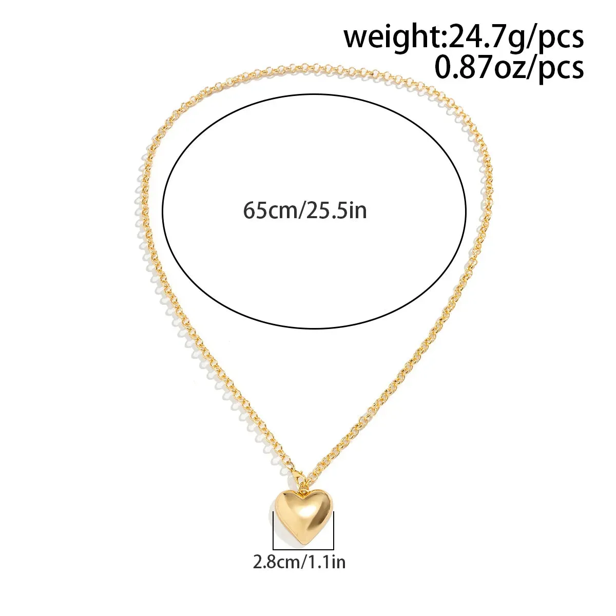 Vintage Big Peach Heart Pendant Adjustable Necklace Women's Long Style Tassel Gold Metal Girl