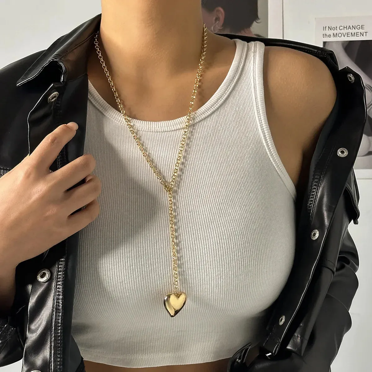 Vintage Big Peach Heart Pendant Adjustable Necklace Women's Long Style Tassel Gold Metal Girl