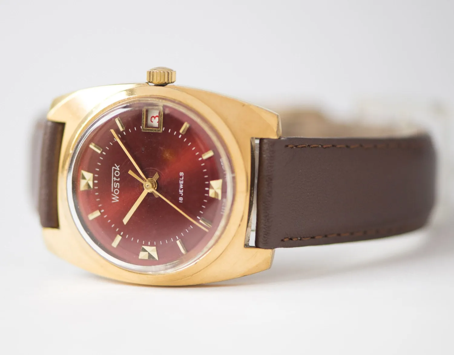 Vintage men's watch gold plated Vostok, burgundy face men's watch, rectangular watch, shockproof watch gift, gents accessory premium leather