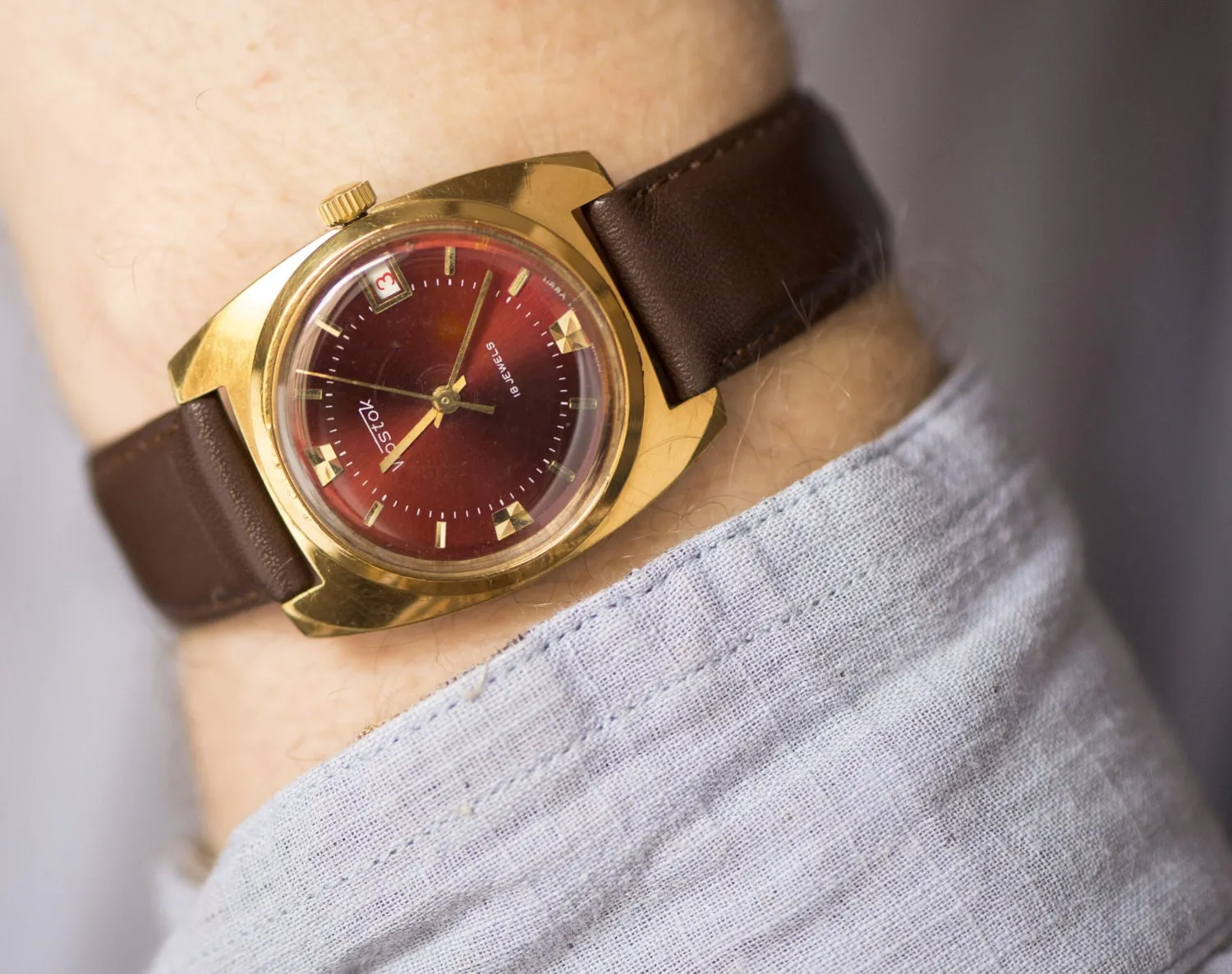 Vintage men's watch gold plated Vostok, burgundy face men's watch, rectangular watch, shockproof watch gift, gents accessory premium leather
