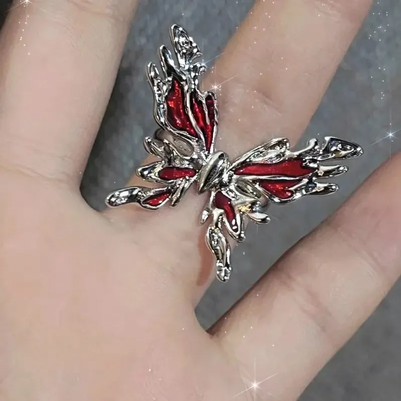 Vintage Red Enamel Cross Open Rings For Women Men Punk Hip Hop Irregular Lava Texture Rings Y2K Aesthetic Jewelry