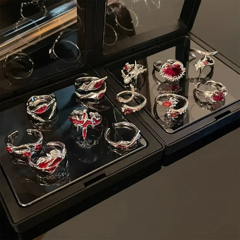 Vintage Red Enamel Cross Open Rings For Women Men Punk Hip Hop Irregular Lava Texture Rings Y2K Aesthetic Jewelry