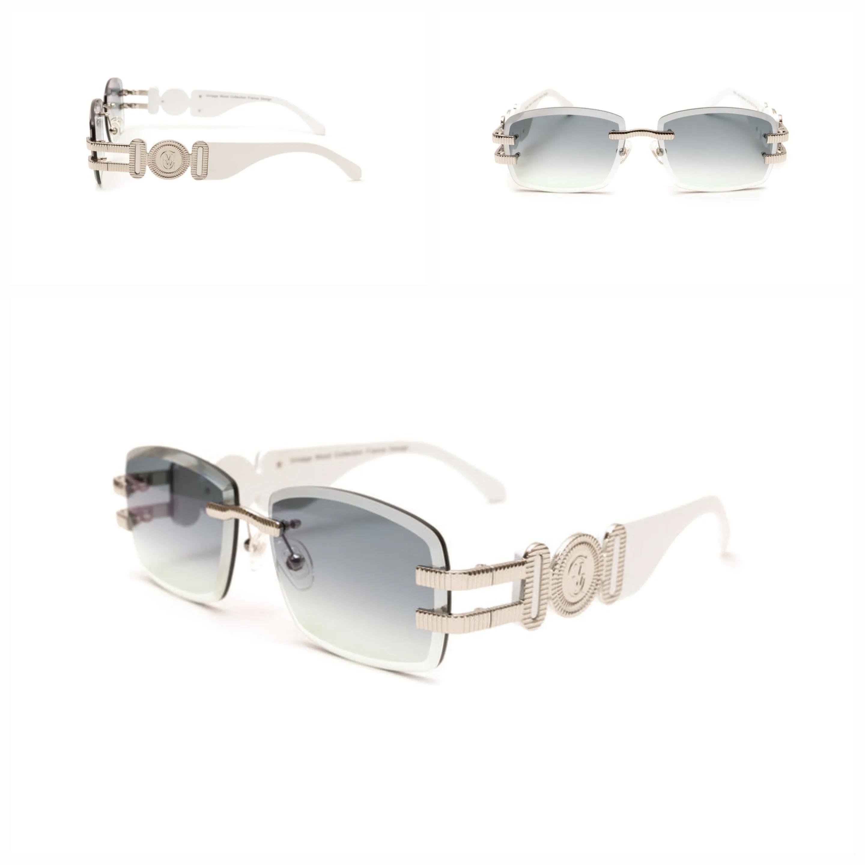 Vintage Wood Silver & White Wood Drill Mount Sunglasses, Double Gradient Grey