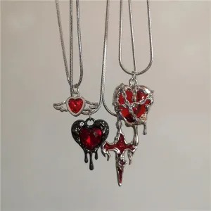 Vintage Y2k Red Love Heart Cross Pendant Snake Chain Necklace For Women Men Halloween Aesthetic Gothic Rave Jewelry Accessories