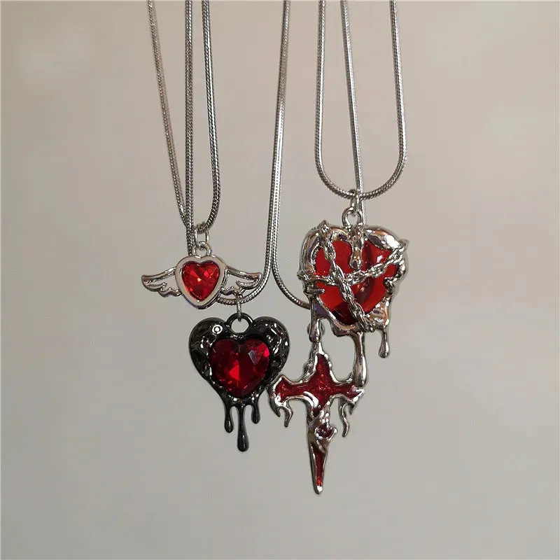 Vintage Y2k Red Love Heart Cross Pendant Snake Chain Necklace For Women Men Halloween Aesthetic Gothic Rave Jewelry Accessories