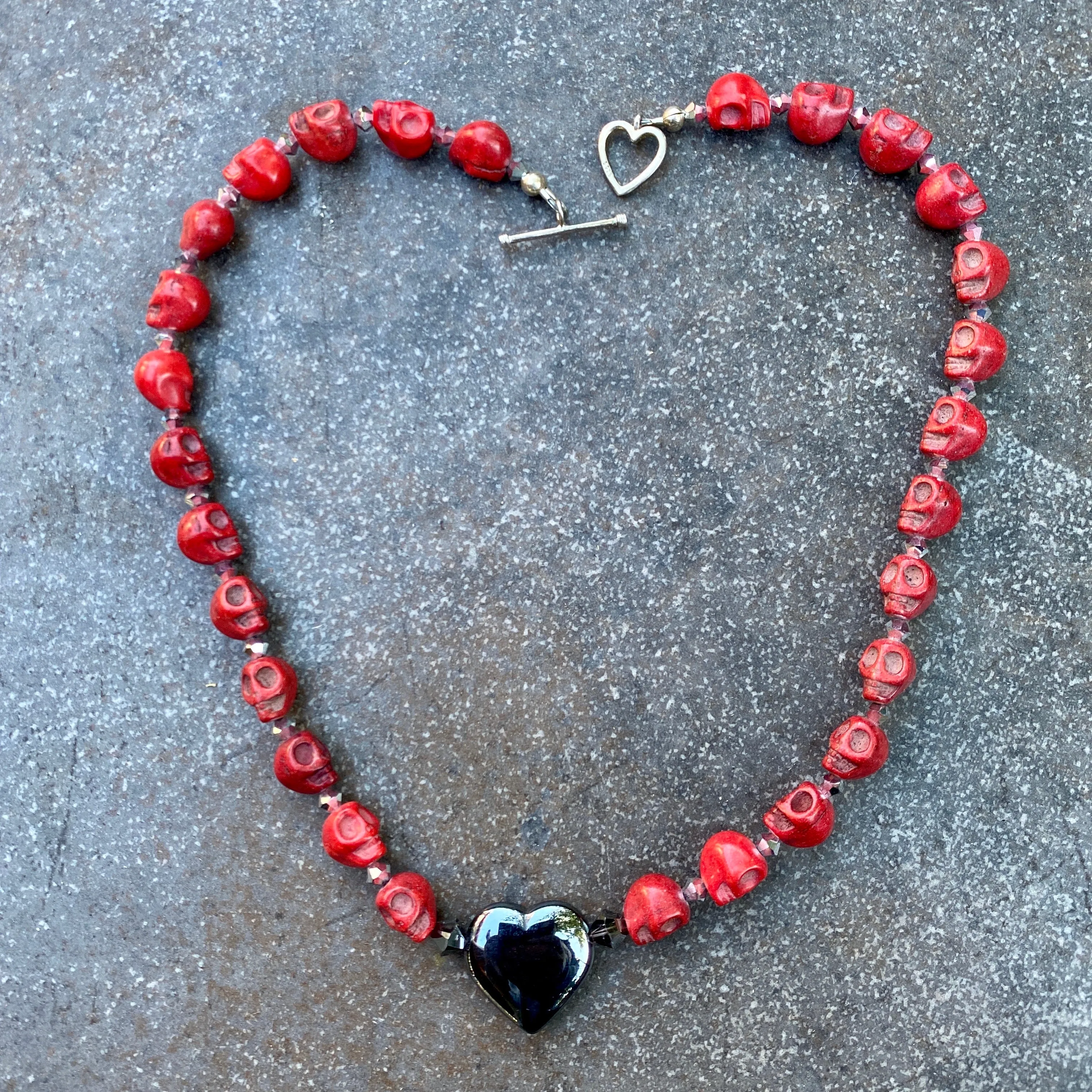 Women's Red Skulls & Hematite Gemstone Necklace wtih Sterling Silver