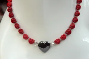 Women's Red Skulls & Hematite Gemstone Necklace wtih Sterling Silver