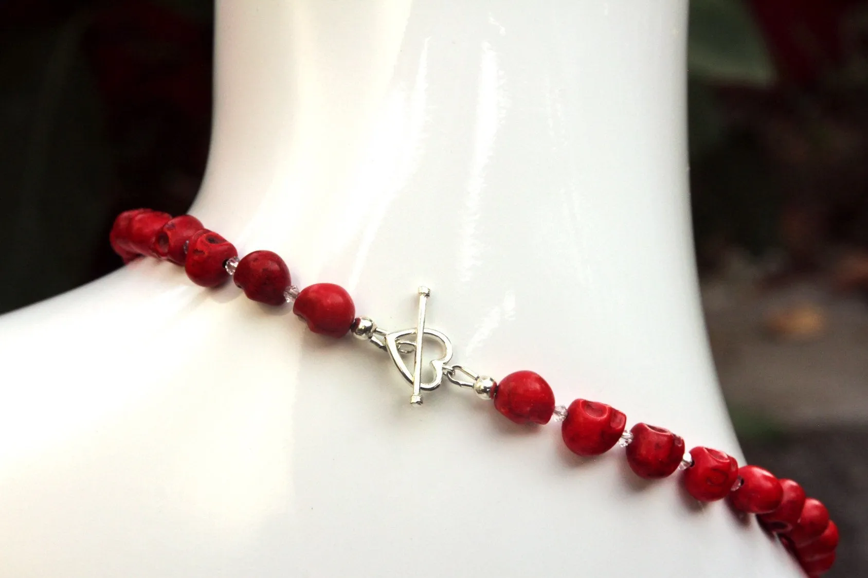 Women's Red Skulls & Hematite Gemstone Necklace wtih Sterling Silver