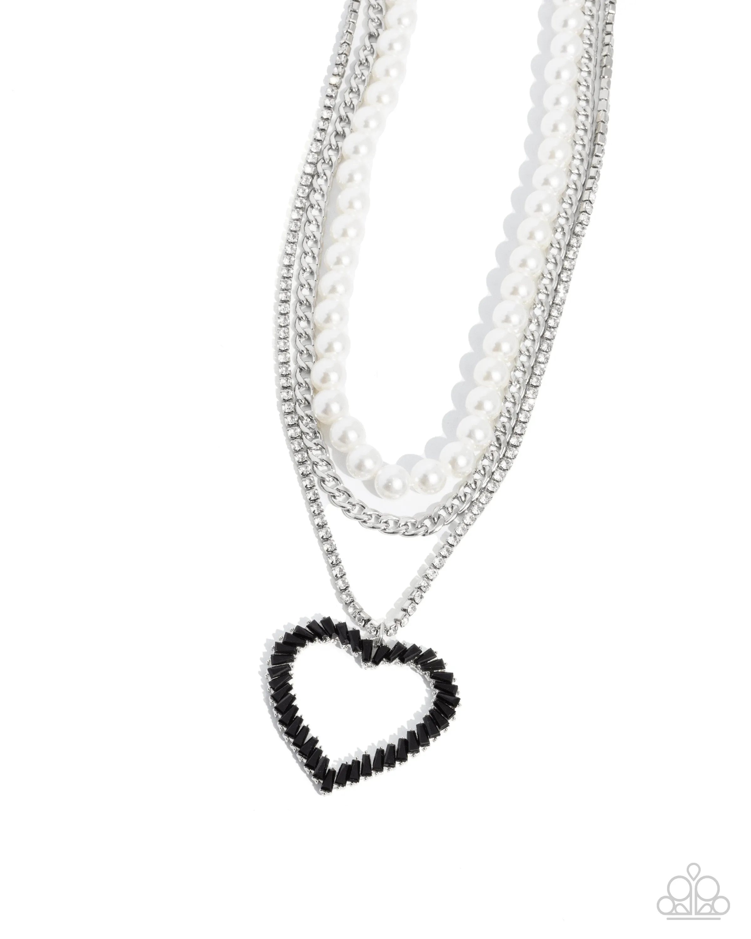 Y2K Year - Black - Gem Heart White Rhinestone and Pearl Tiered Paparazzi Short Necklace