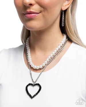 Y2K Year - Black - Gem Heart White Rhinestone and Pearl Tiered Paparazzi Short Necklace