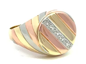 Yellow White and Rose Gold Diamond Signet Ring in 14k