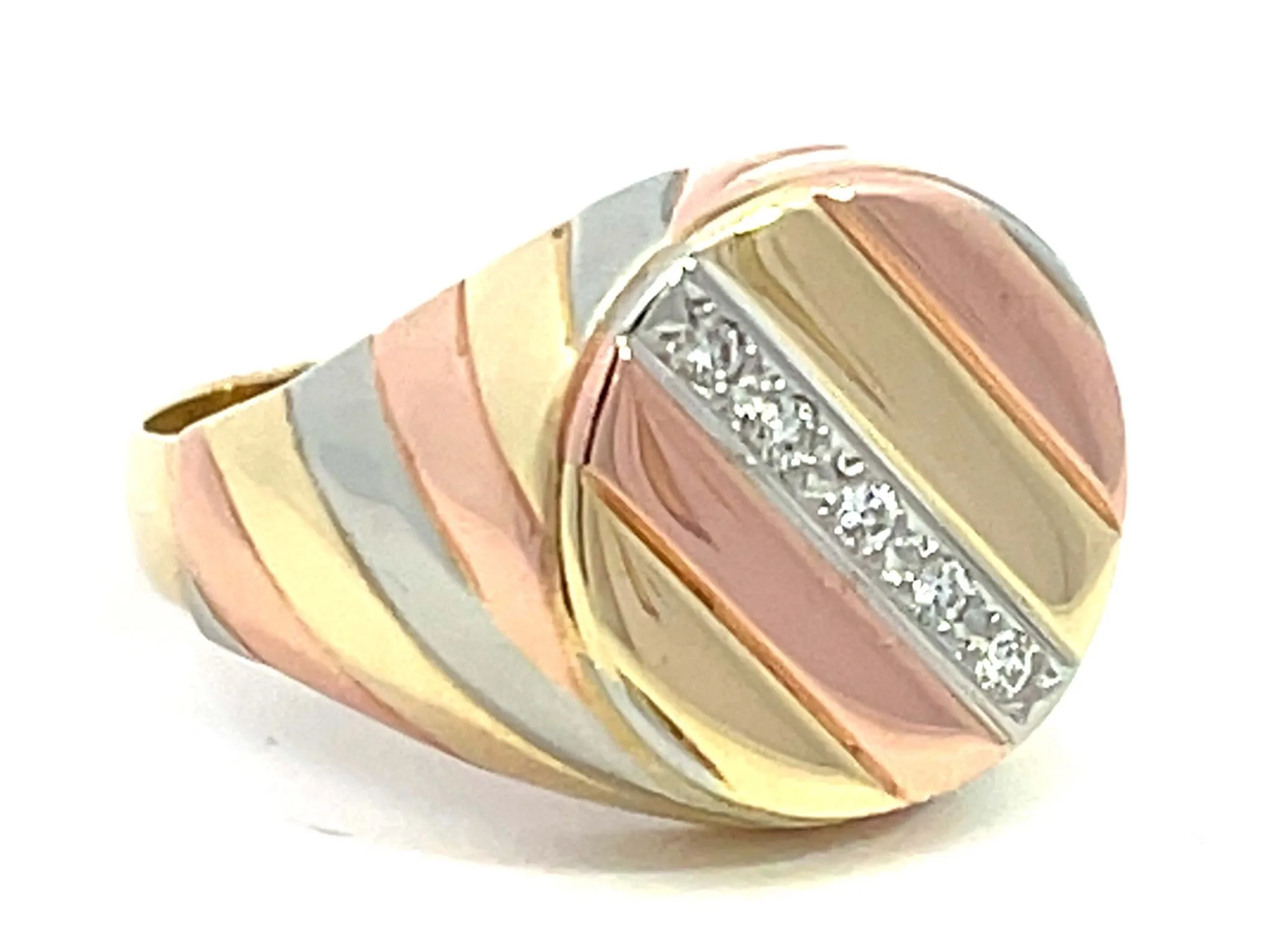 Yellow White and Rose Gold Diamond Signet Ring in 14k