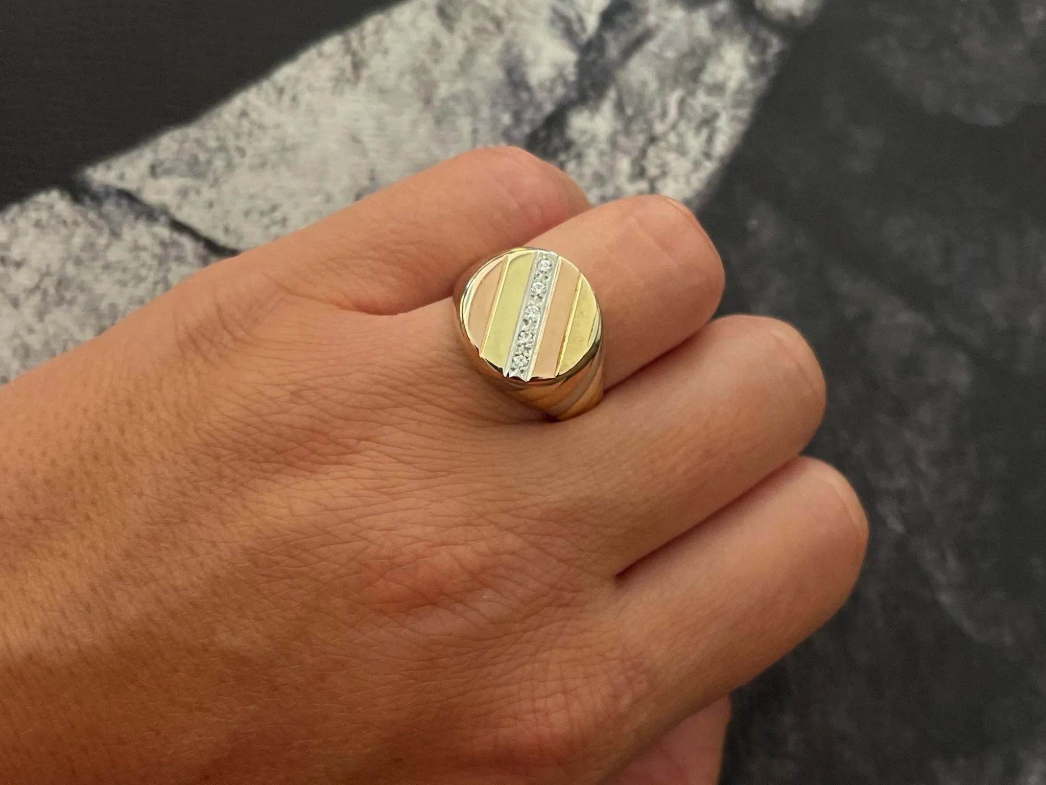 Yellow White and Rose Gold Diamond Signet Ring in 14k