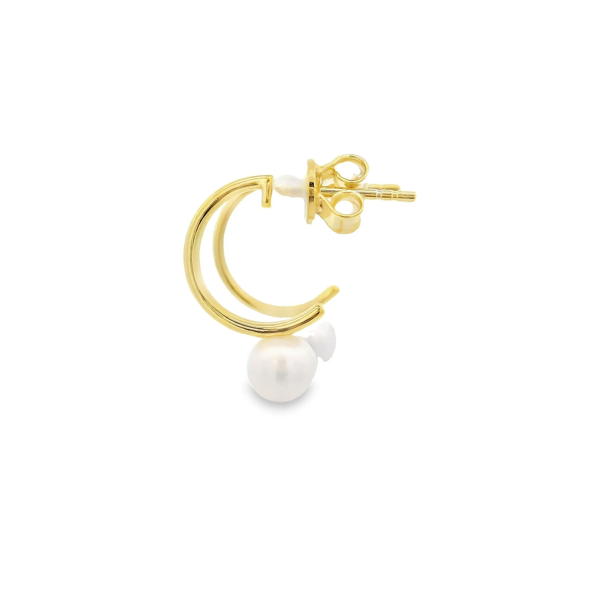 YG Plated Half Hoop Stud Earrings With Small Pearl Drop 18mm